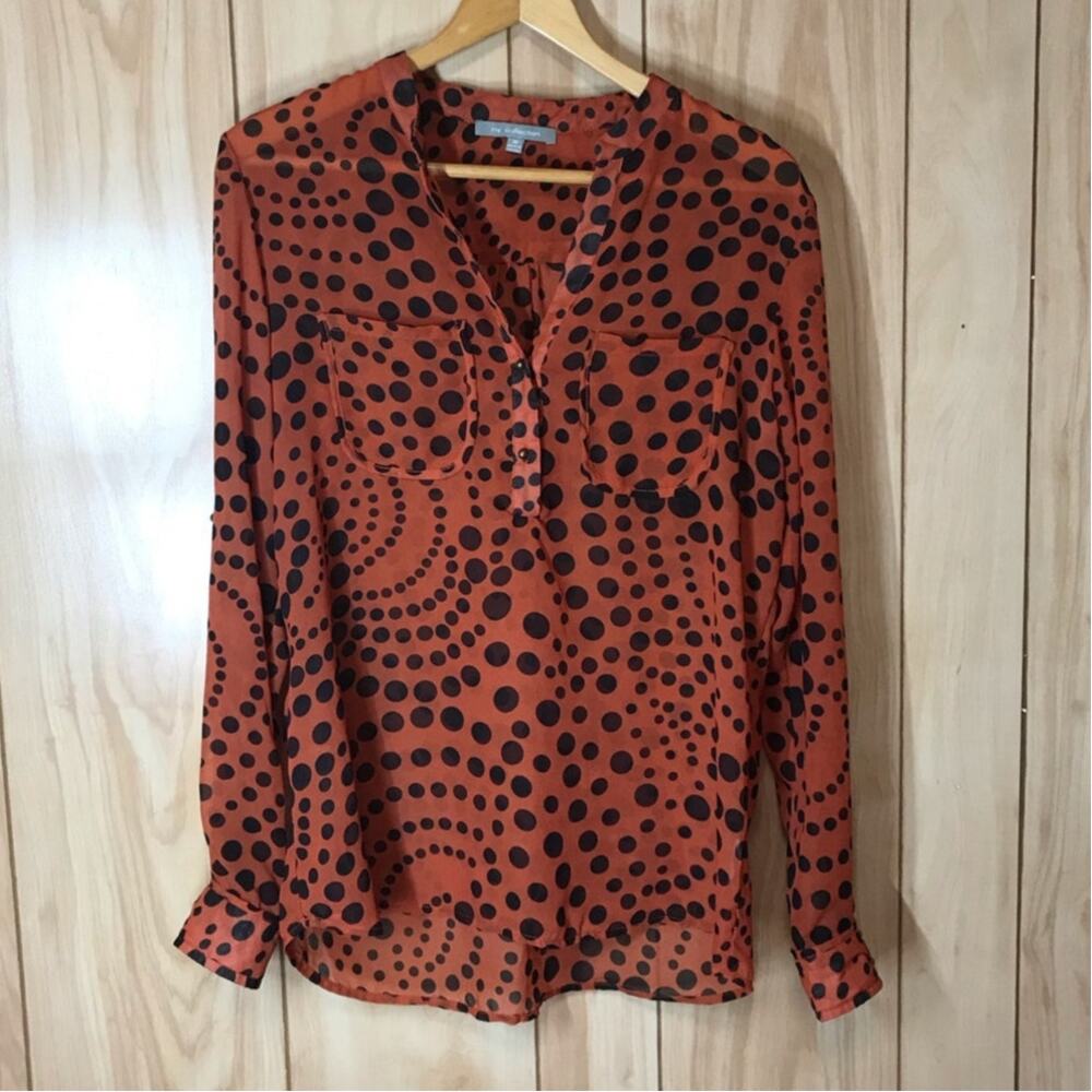 NY Collection Boho Swirl Polka Dot Sheer Blouse Rust Black Roll Tab Split Neck M